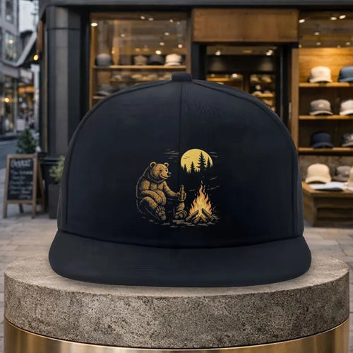 Bear Campfire Moon Silhouette Snapback Cap