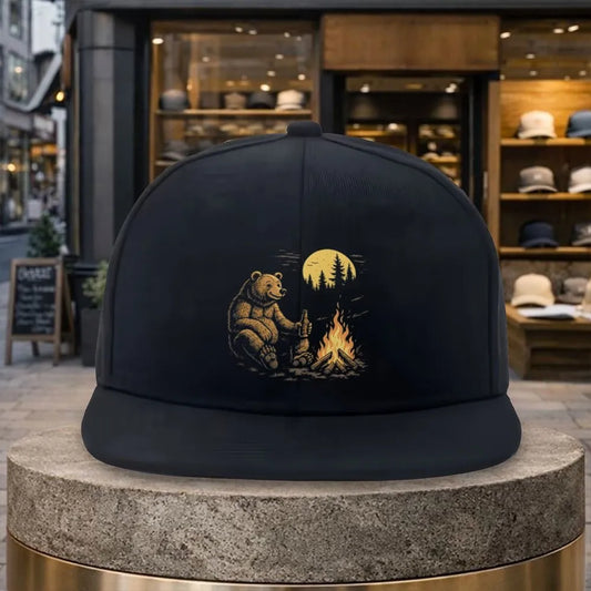 Bear Campfire Moon Silhouette Snapback Cap