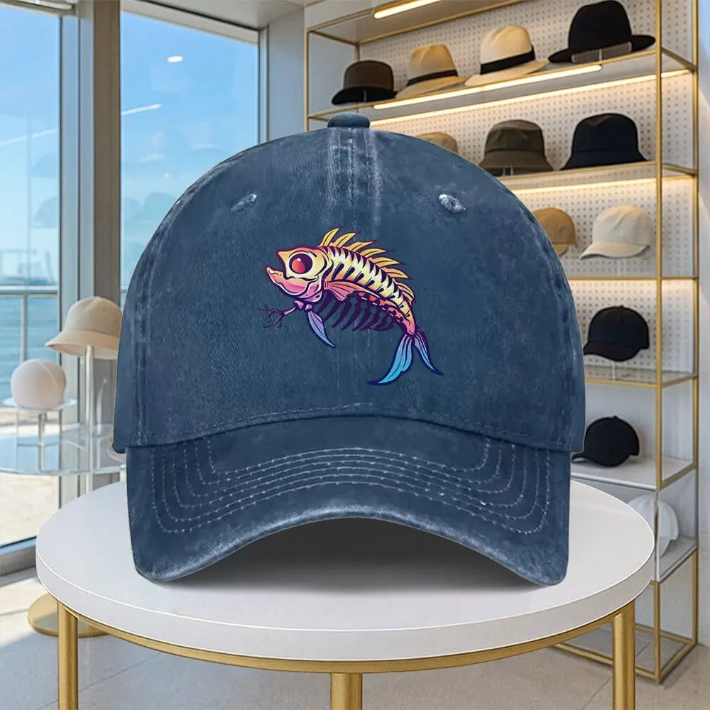 Cartoon Fishbone Washed Denim Print Baseball Cap