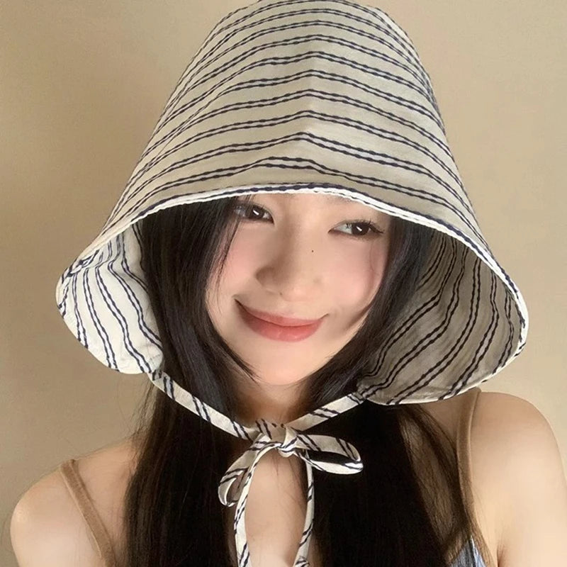 Large Brim Foldable Korean Striped Bucket Hat
