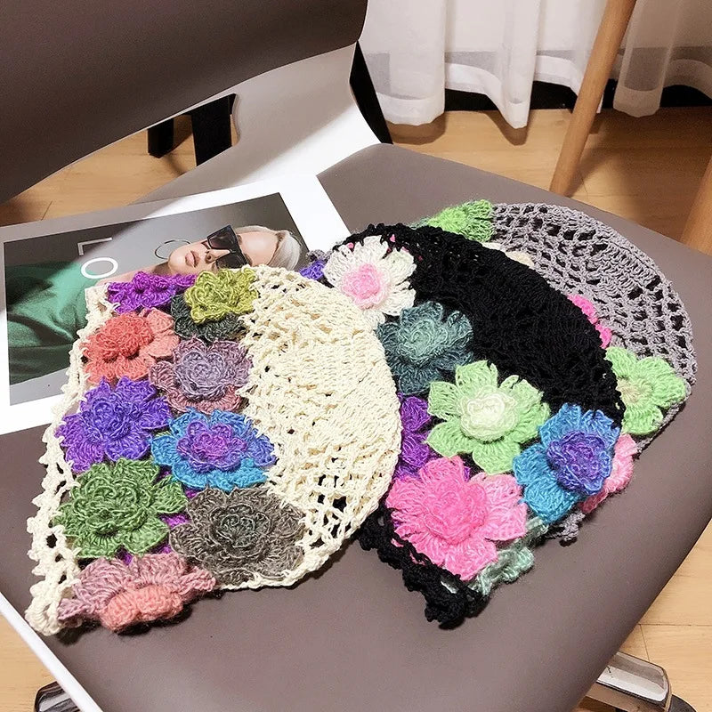 Artistic Colorful Flower Hollow Knitted Bucket Hat
