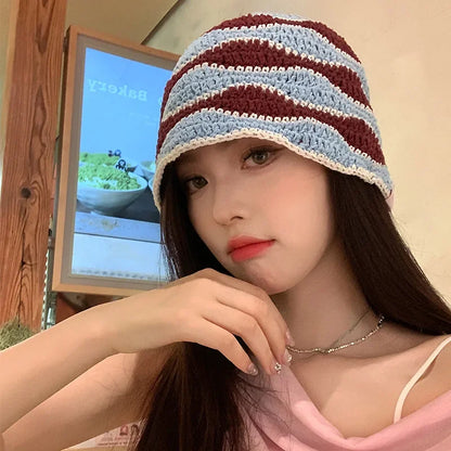 Handmade Knitted Striped Crochet Outdoor Bucket Hat