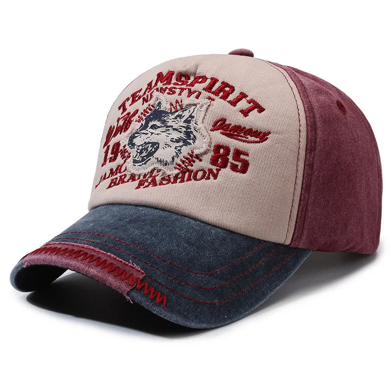 Vintage Wolf Embroidery Washed Baseball Cap