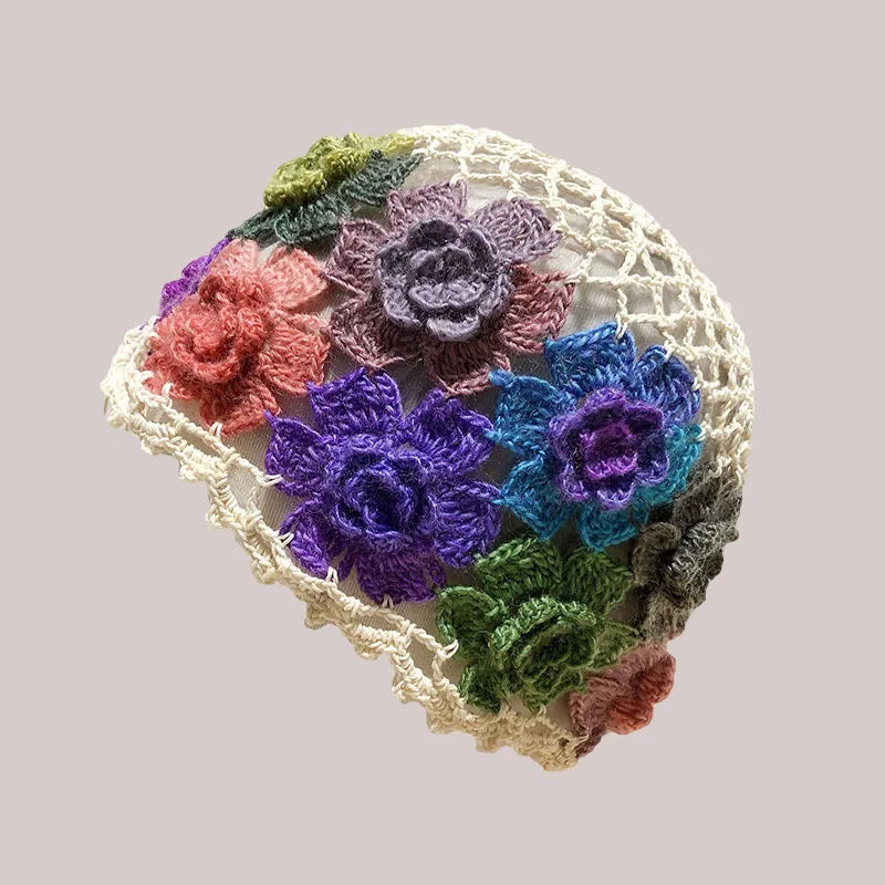 Artistic Colorful Flower Hollow Knitted Bucket Hat