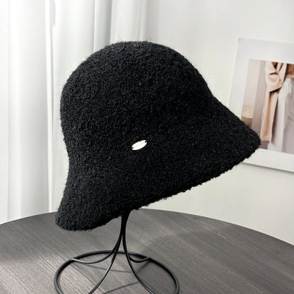 Woolen Letter Metal Logo Warm Bucket Hat