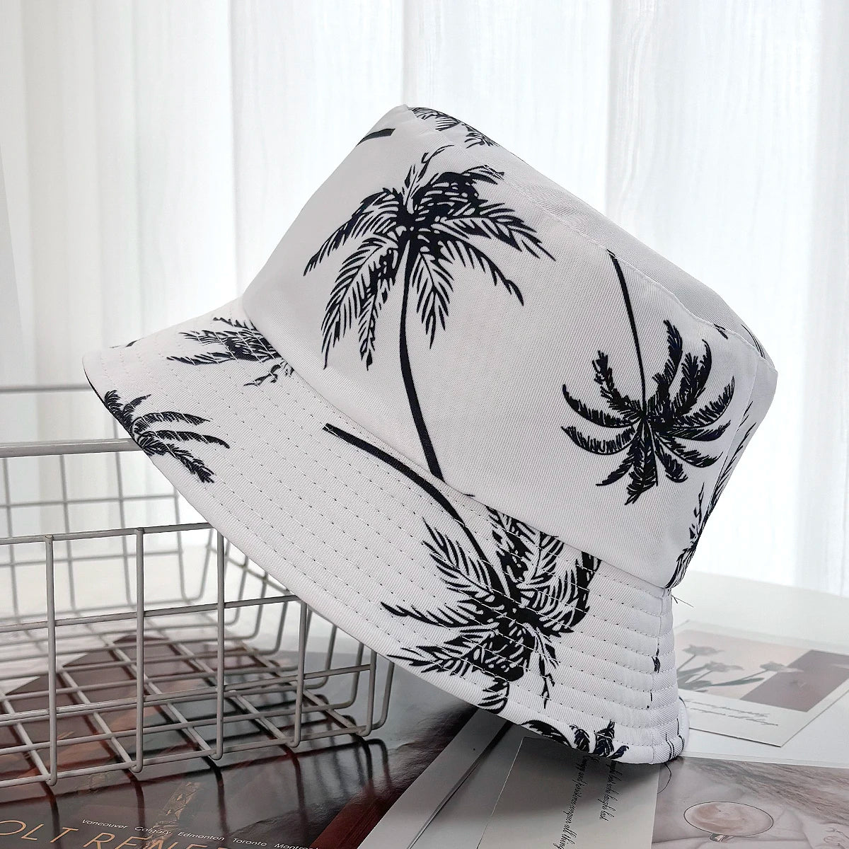 Unisex Fashion New Summer Reversible Black White Coconut Tree Printed Fisherman Caps