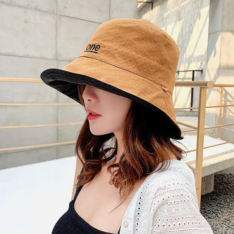 Reversible Letter Embroidery Sun Bucket Hat