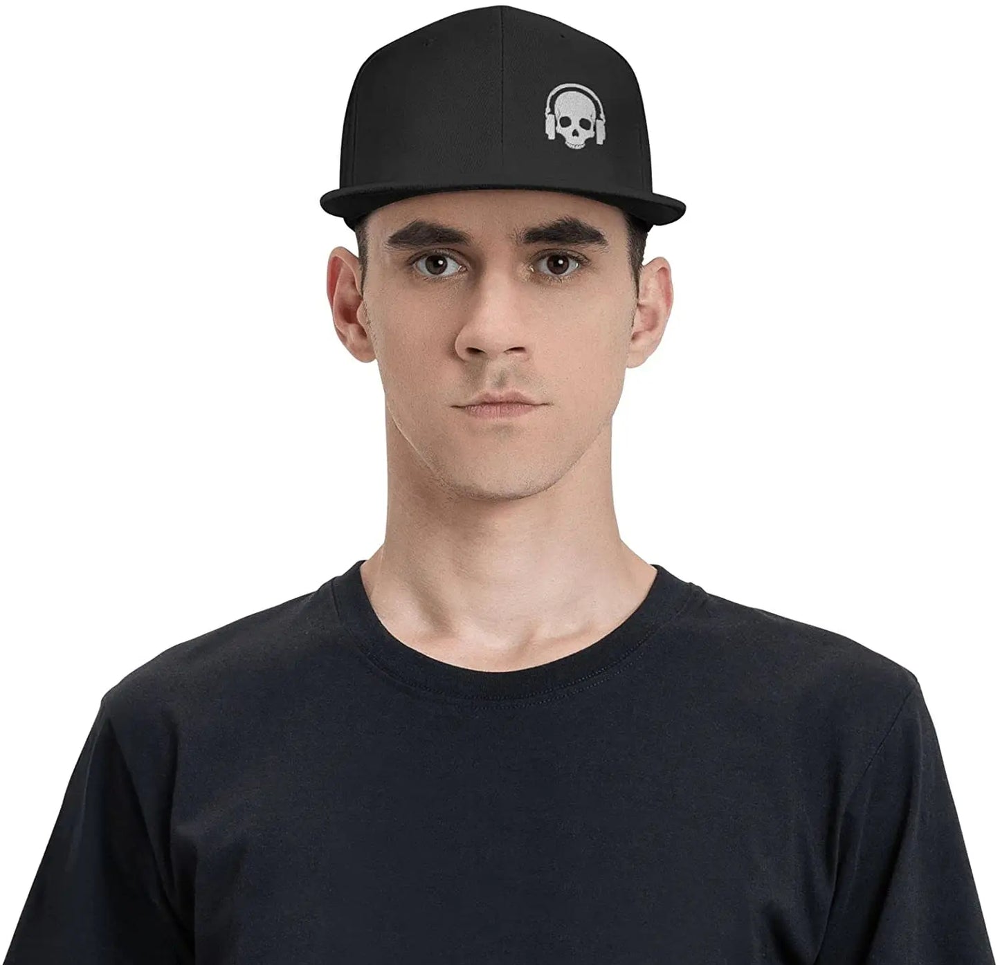 Skull Earphone Black Flat Bill Snapback Cap