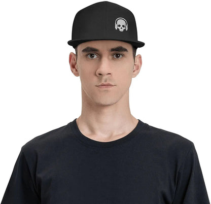 Skull Earphone Black Flat Bill Snapback Cap