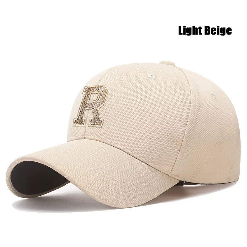R Letter Gold Thread Embroidery Vintage Baseball Cap