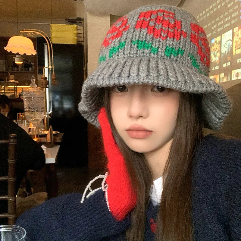 Ethnic Style Retro Warm Knit Women Bucket Hat