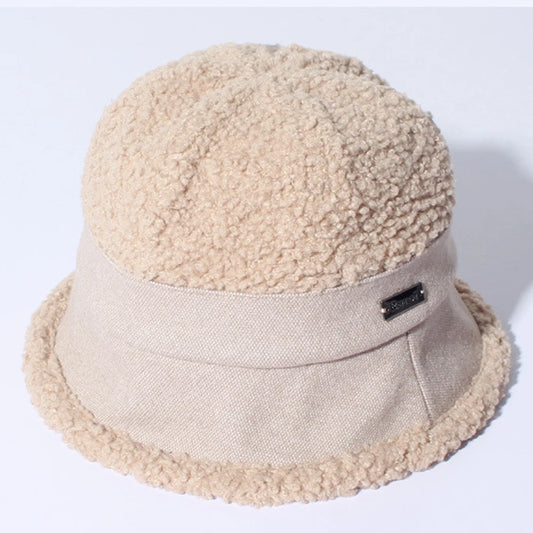 Autumn Winter Knitted Plush Warm Bucket Hat for Women