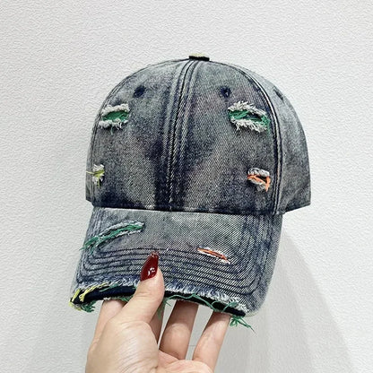Korean Rainbow Cracked Denim Duck Tongue Baseball Cap