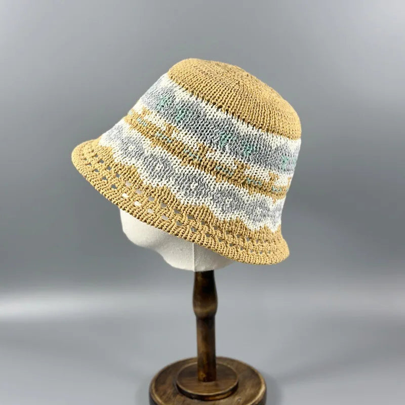 Summer Handmade Flower Straw Knit Breathable Bucket Hat