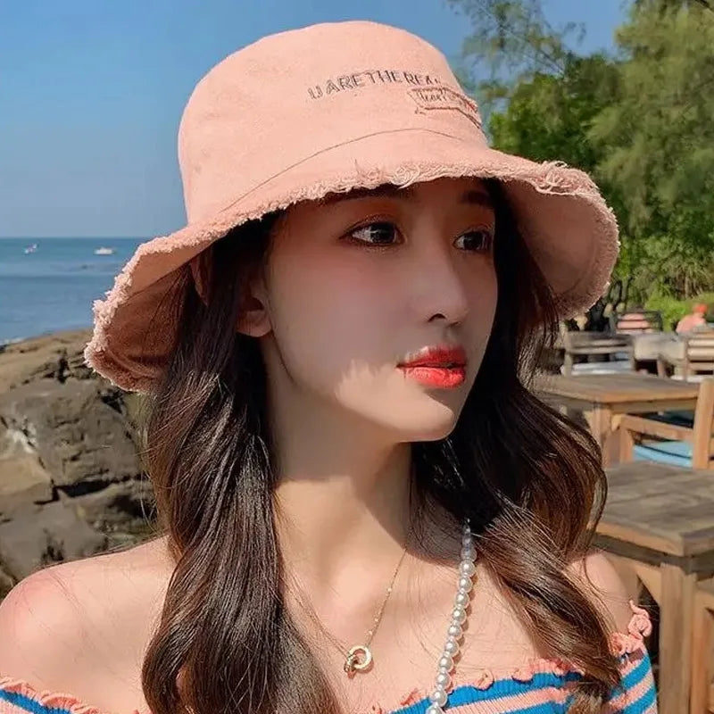 Solid Color Letter Embroidery Wide Brim Bucket Hat