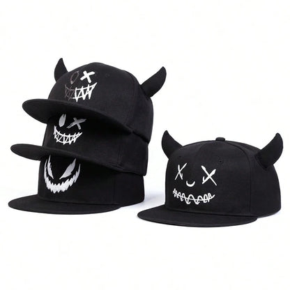 Smiling Face Cow Horn Snapback Cap