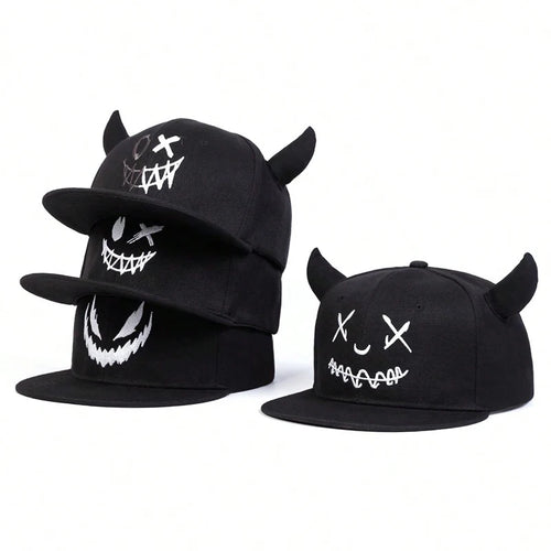 Smiling Face Cow Horn Snapback Cap