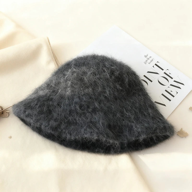 Korean Angora Rabbit Fur Winter Bucket Hat