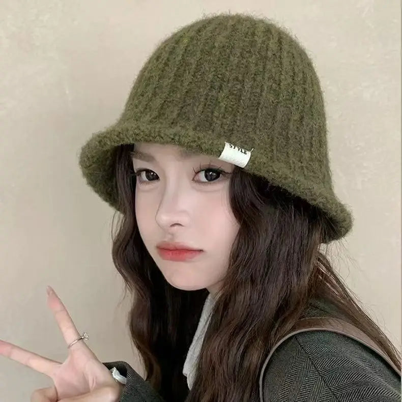 Korean Knitted Wool Winter Bucket Hat Women