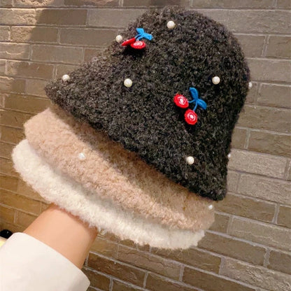 Women's Plush Cherry Pearl Bucket Hat