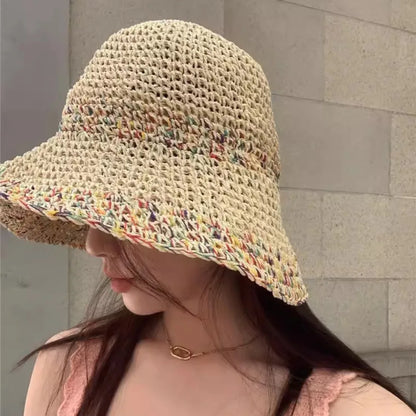 Rainbow Straw Wide Brim Beach Bucket Hat