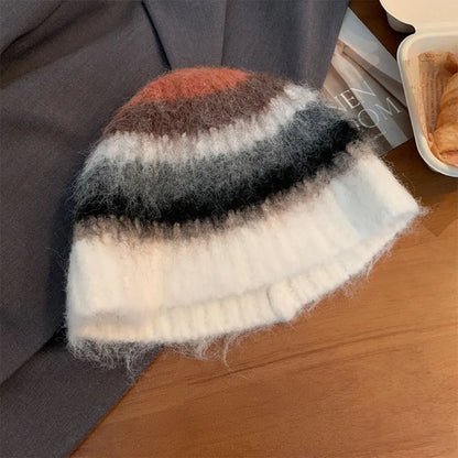 Korean Y2k Striped Woolen Warm Bucket Hat