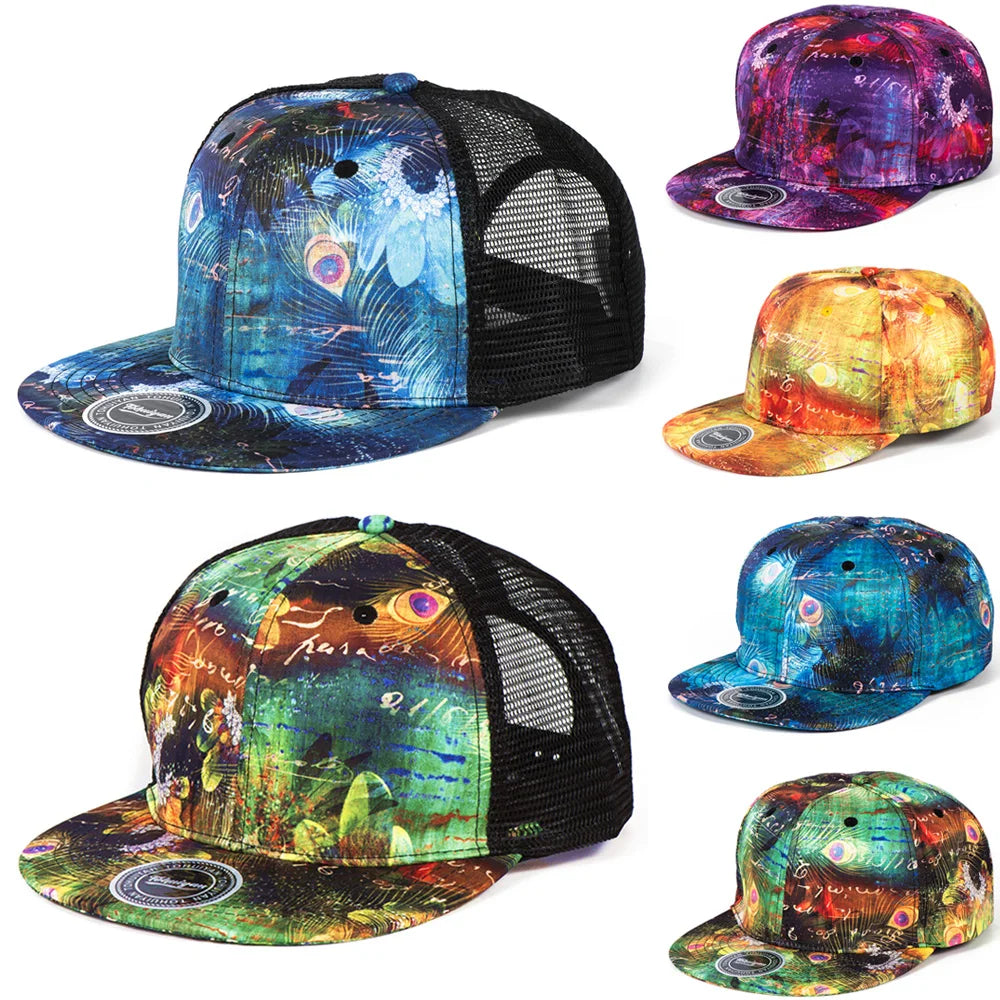 Peafowl Feather Printed Flat Visor Baseball Cap