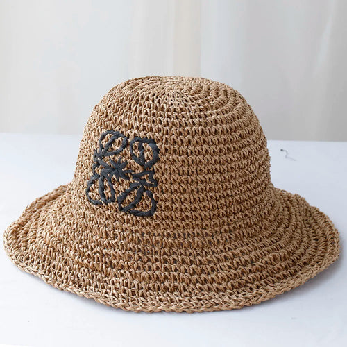 Handmade Letter Embroidery Straw Dome Bucket Hat