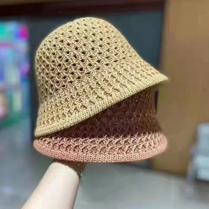 Women Wide Brim Straw Beach Bucket Hat