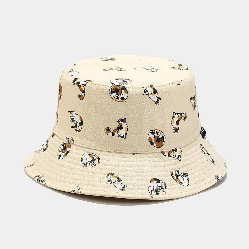 Cartoon Cat Embroidery Cotton Bucket Hat