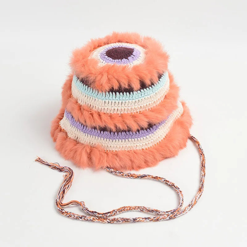Rabbit Fur Crochet Color Block Earflap Bucket Hat