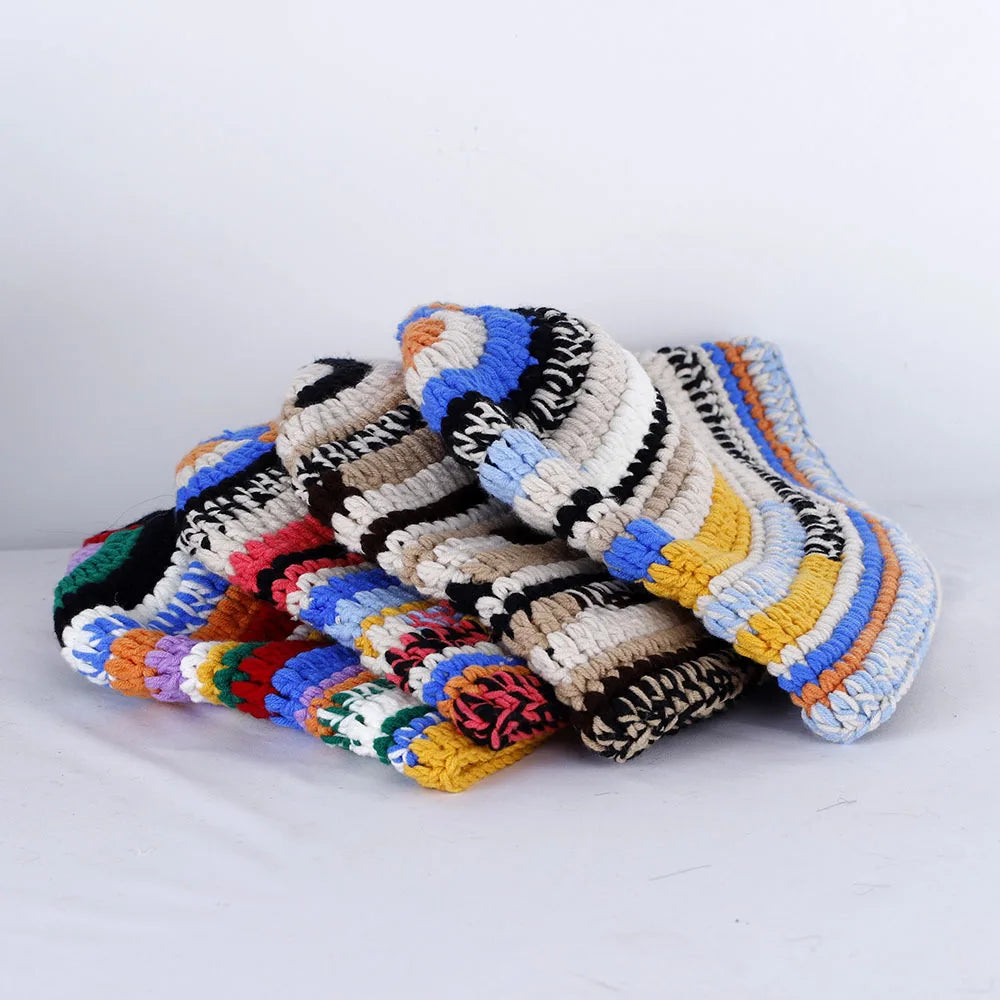 Striped Handmade Knitted Winter Bucket Hat