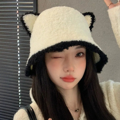 Plush Knit Cat Ears Bucket Hat