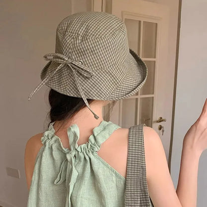 Korean Plaid Foldable Big Brim Summer Bucket Hat