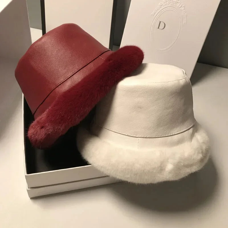 MAXSITI Faux Leather Fur Bucket Hat