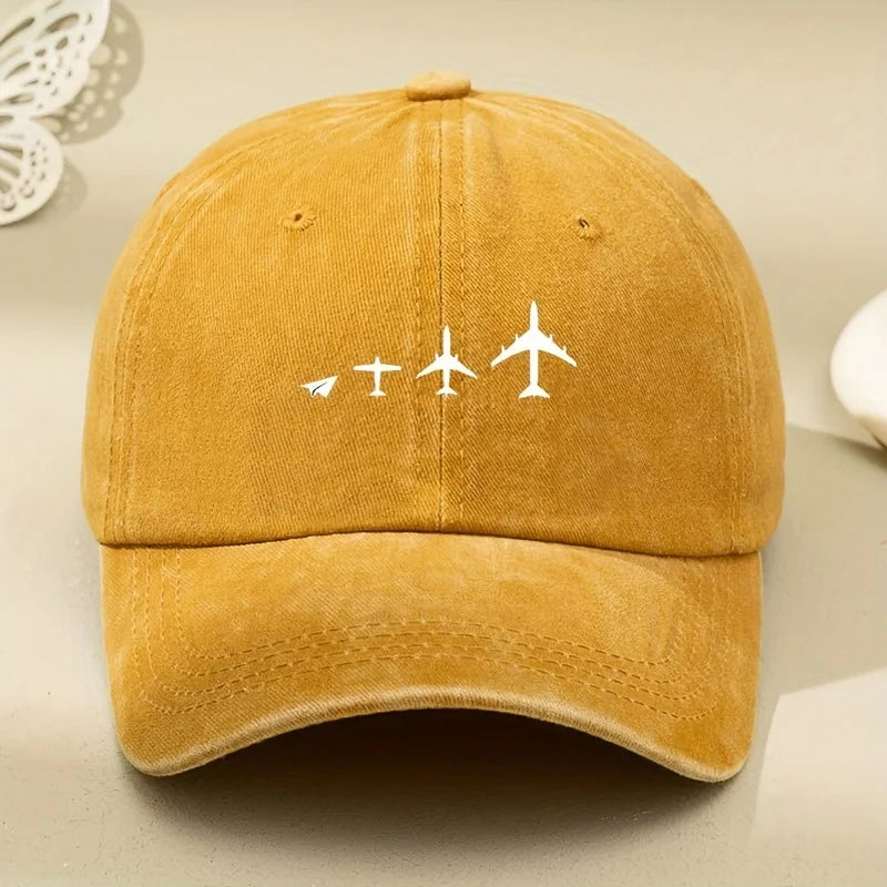 Retro Airplane Print Washed Baseball Cap