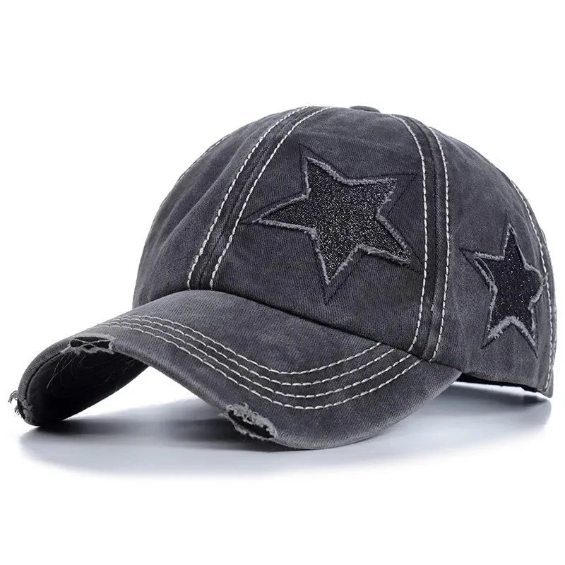 Distressed Star Curved Brim Ponytail Baseball Cap