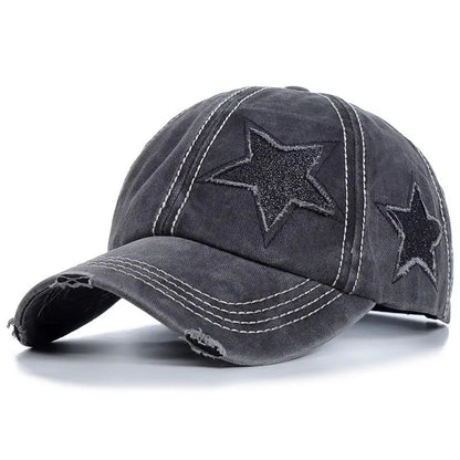 Distressed Star Curved Brim Ponytail Baseball Cap