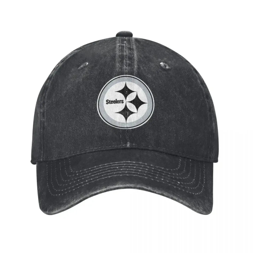 Black and White Steeler Logo Washed Denim Baseball Cap