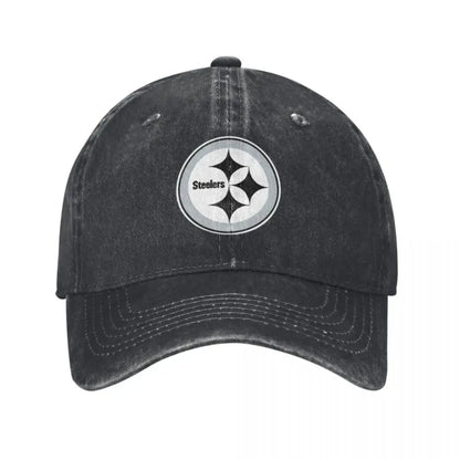 Black and White Steeler Logo Washed Denim Baseball Cap