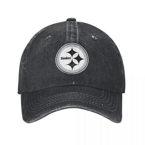 Black and White Steeler Logo Washed Denim Baseball Cap