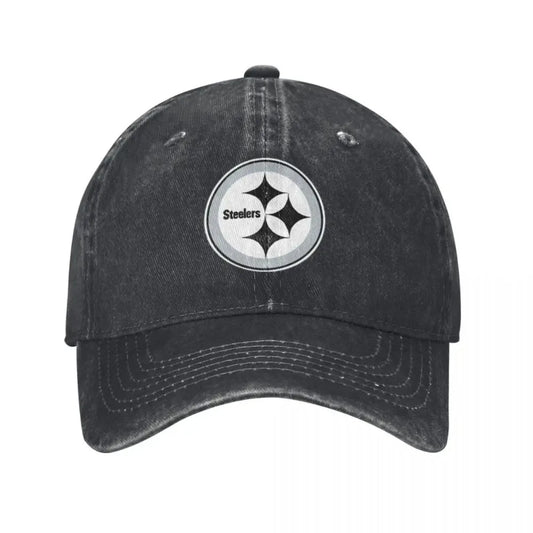 Black and White Steeler Logo Washed Denim Baseball Cap