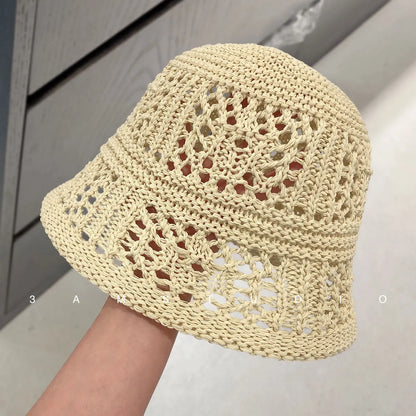 Niche Design Solid Color Hollow Knitted Bucket Hat