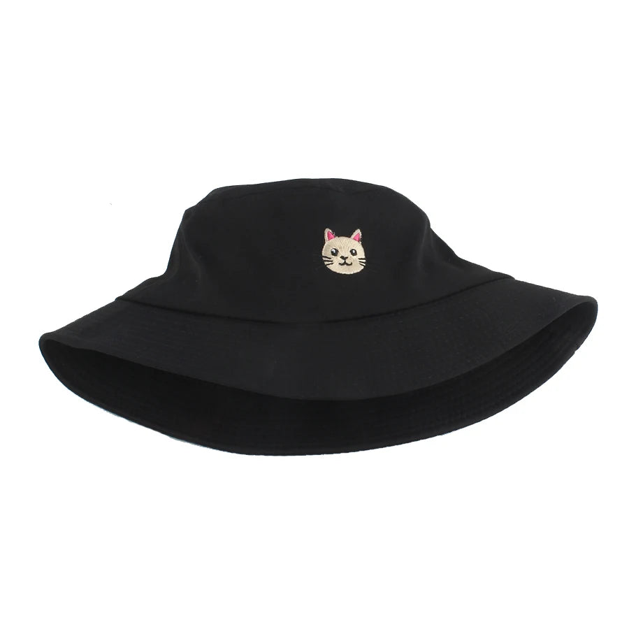 Summer Cat Embroidered Cotton Bucket Hat