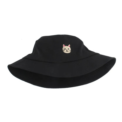 Summer Cat Embroidered Cotton Bucket Hat