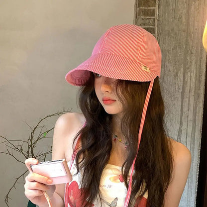 Women Korean Stripe Wide Brim Bucket Hat