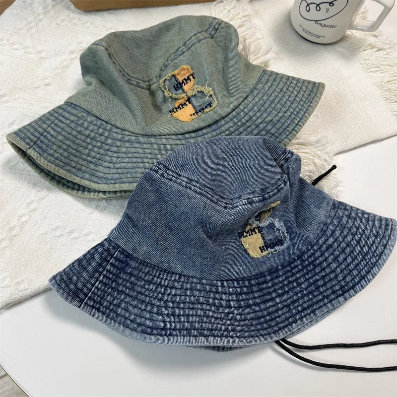 Japanese Style Big Brim Embroidered Denim Bucket Hat