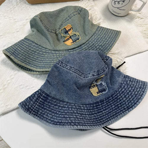 Japanese Style Big Brim Embroidered Denim Bucket Hat
