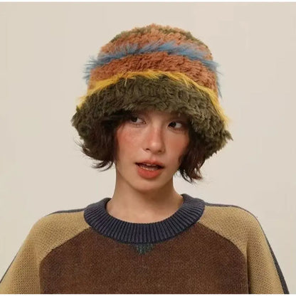 Rabbit Fur Plush Knitted Bucket Hat