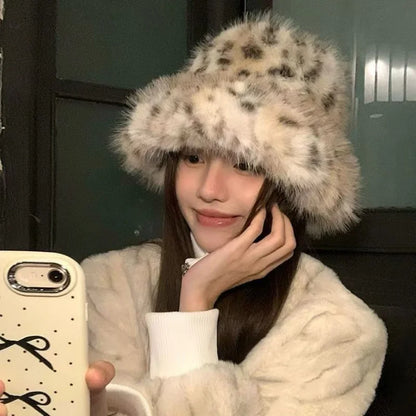Leopard Print Plush Warm Bucket Hat
